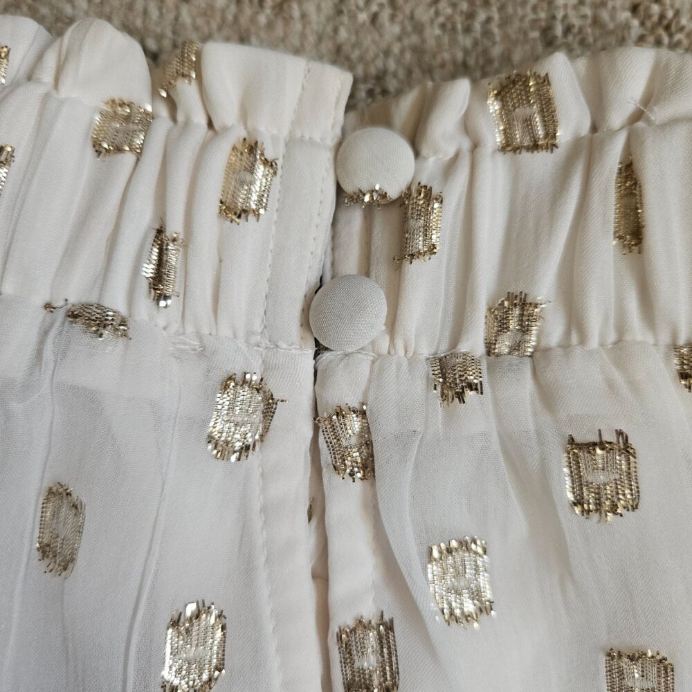 LOFT Clip Ruffle Smocked Blouse Women SZ Medium gauzy top lightweight lined Gold - Picture 6 of 15